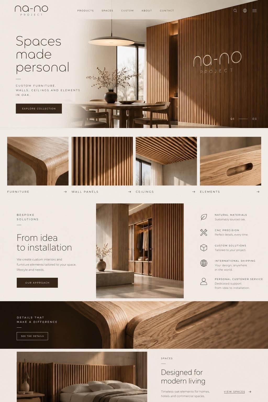 Oak dining furniture and a sculptural slatted oak wall in a sunlit interior